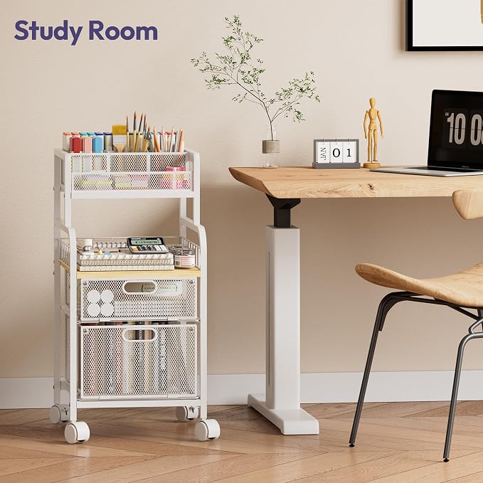 SWTYMIKI Rolling Cart with Drawers - Metal Craft Cart with Wheels, DIY Divider and Wood Shelf, Art Supply Organizer for Under Desk Storage, Utility Storage Cart for Home Office Studio, White