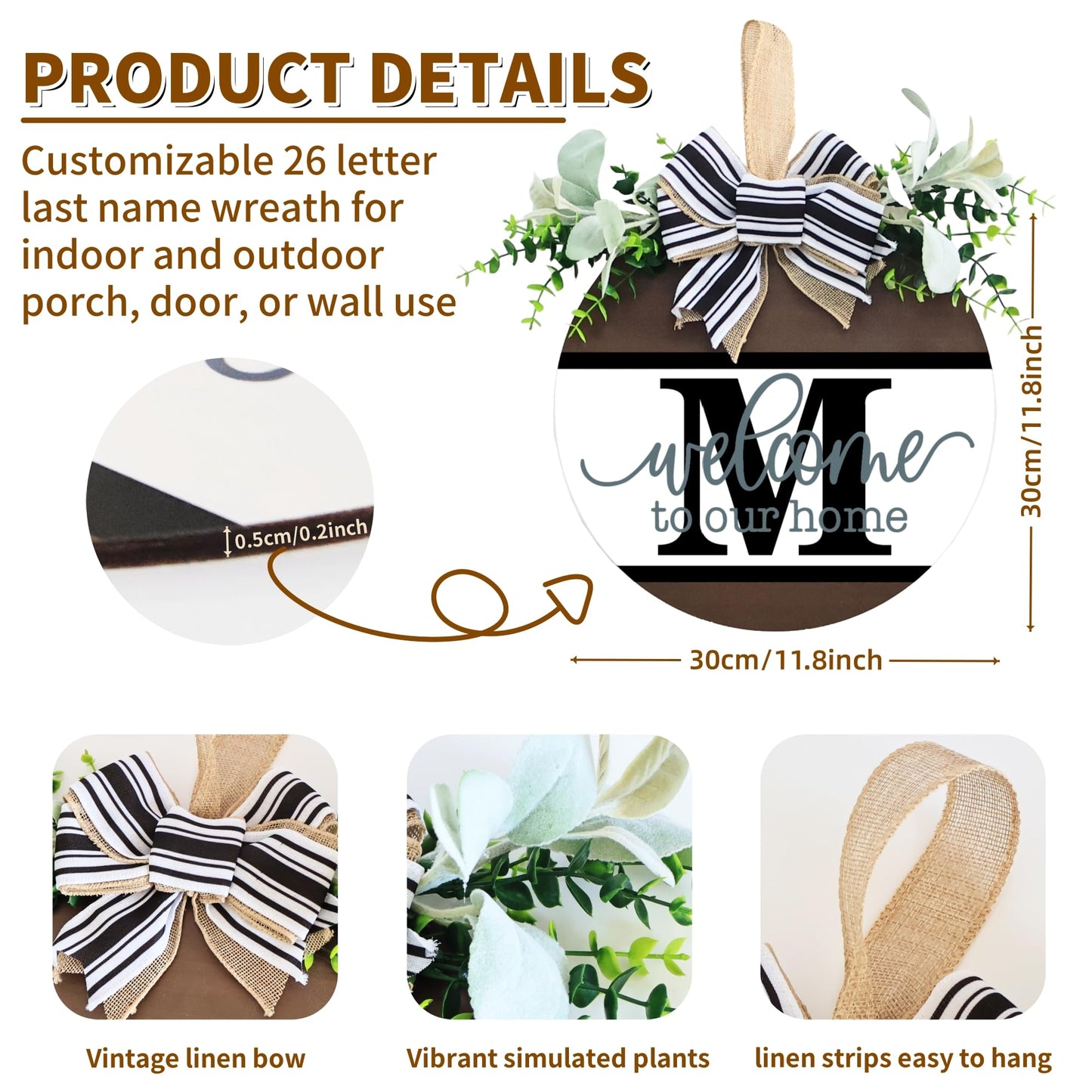 Personalized Last Name Welcome Sign with 26 Initial Letter Welcome Sign for Front Door Porch Farmhouse Decoration, Durable Wood Hanging Plaque for Year-Round Curb Appeal (M)