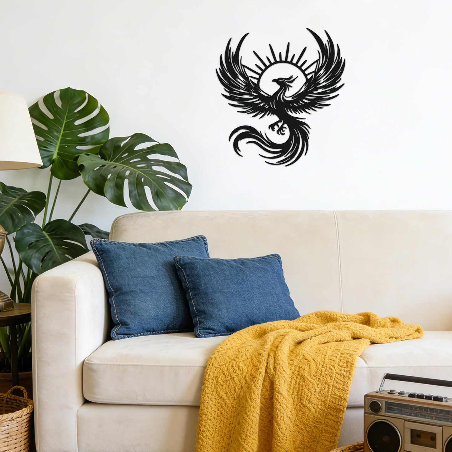 Rajukit Phoenix Art Metal Wall Decor, Phoenix and Sun Design 11.8x11 inches. Durable black metal. for living room, bedroom. Phoenix statue silhouette with sun rays.