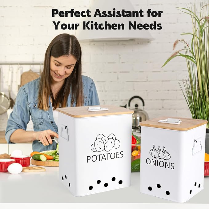Potato and Onion Storage Bin, Set of 2 Vegetable Storage Tins with Wooden Lids & Side Handles, Dual-row Ventilation Holes, Farmhouse Metal Kitchen Canisters Sets, White