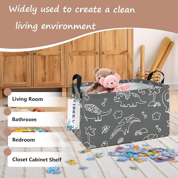 Rectangular Dinosaur Pattern Storage Bin, Decorative Canvas Laundry Basket with Dual Handles,Foldable Household Toy Organizer,Multipurpose Party Gift Basket for Bedroom Dorm(Gray Line Dinosaur)