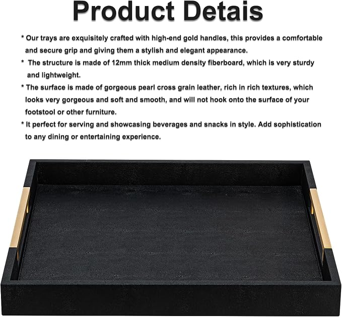 Black Faux Leather Decorative Serving Tray with Handles – Large Square for Coffee Table, Ottoman, Living Room & Bathroom Home Decor