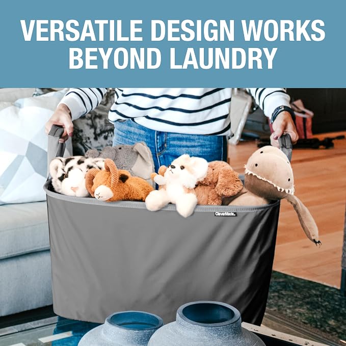 CleverMade Collapsible Laundry Basket LUXE 2 Pack – 60L (16 Gal) Foldable Cotton Blend Clothes Hamper with Vegan Leather Accents, Reinforced Handles, Space Saving Laundry Bin Holds 55 lbs - Mocha