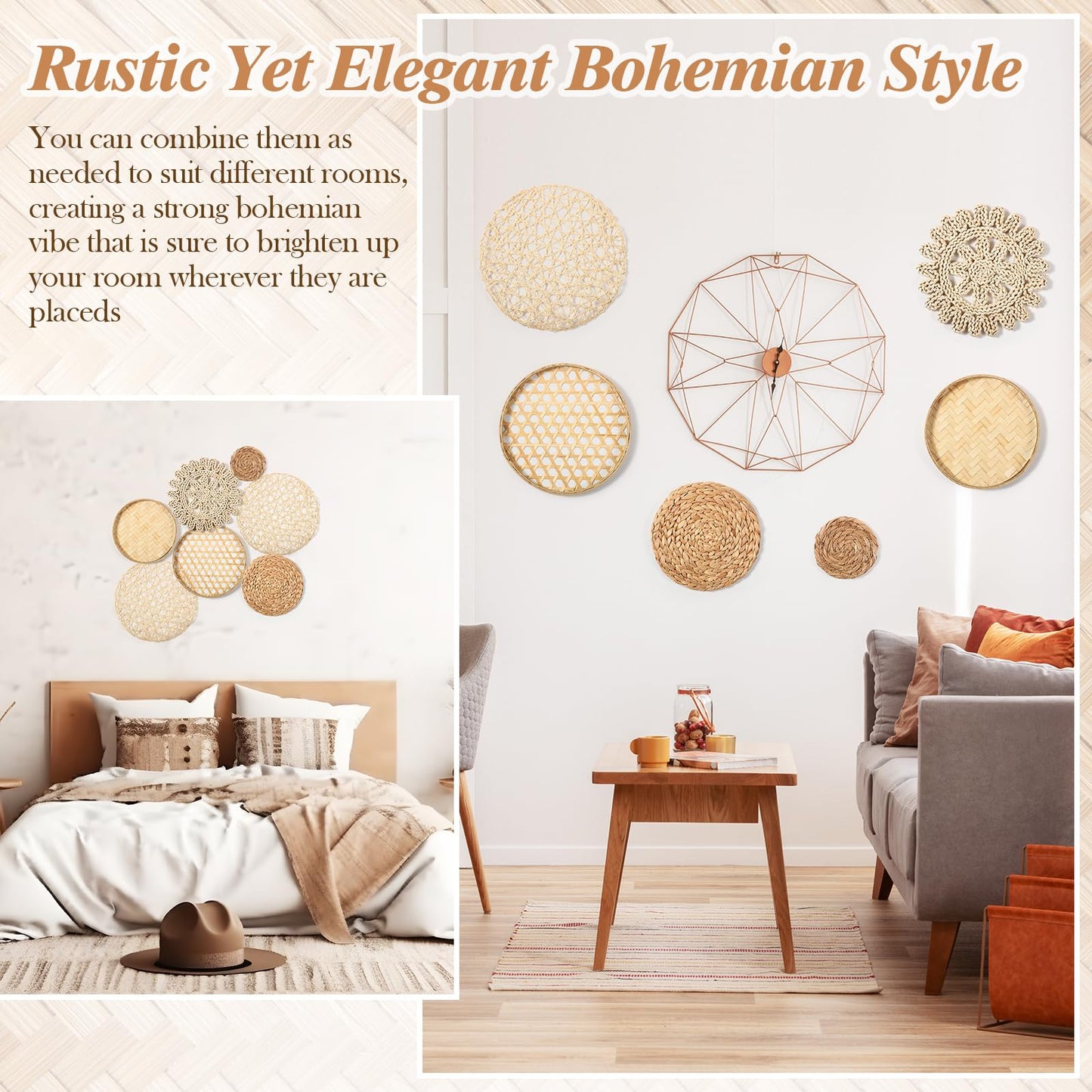 Hushee 7 Pcs Boho Wall Basket Decor, Seagrass Woven Round Bohemian Hanging Basket for Wall Handmade Hanging Rustic Flat Art Decor for Farmhouse Bedroom Living Room Display Table Settings Kitchen Home