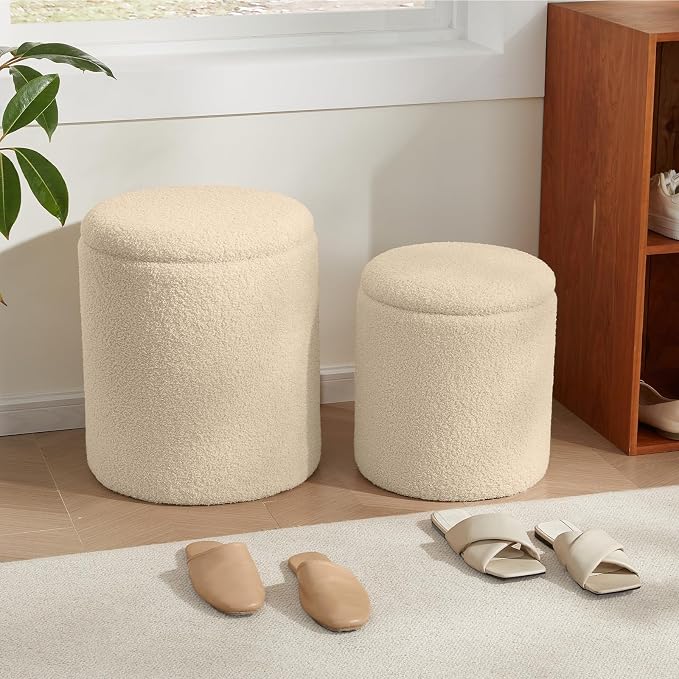 Royal Windsor Boucle Round Ottoman with Storage Set of 2,Small Foot Stool Ottoman for Living Room, Small Coffee Table,Vanity Stool with Storage for Bedroom, Beige