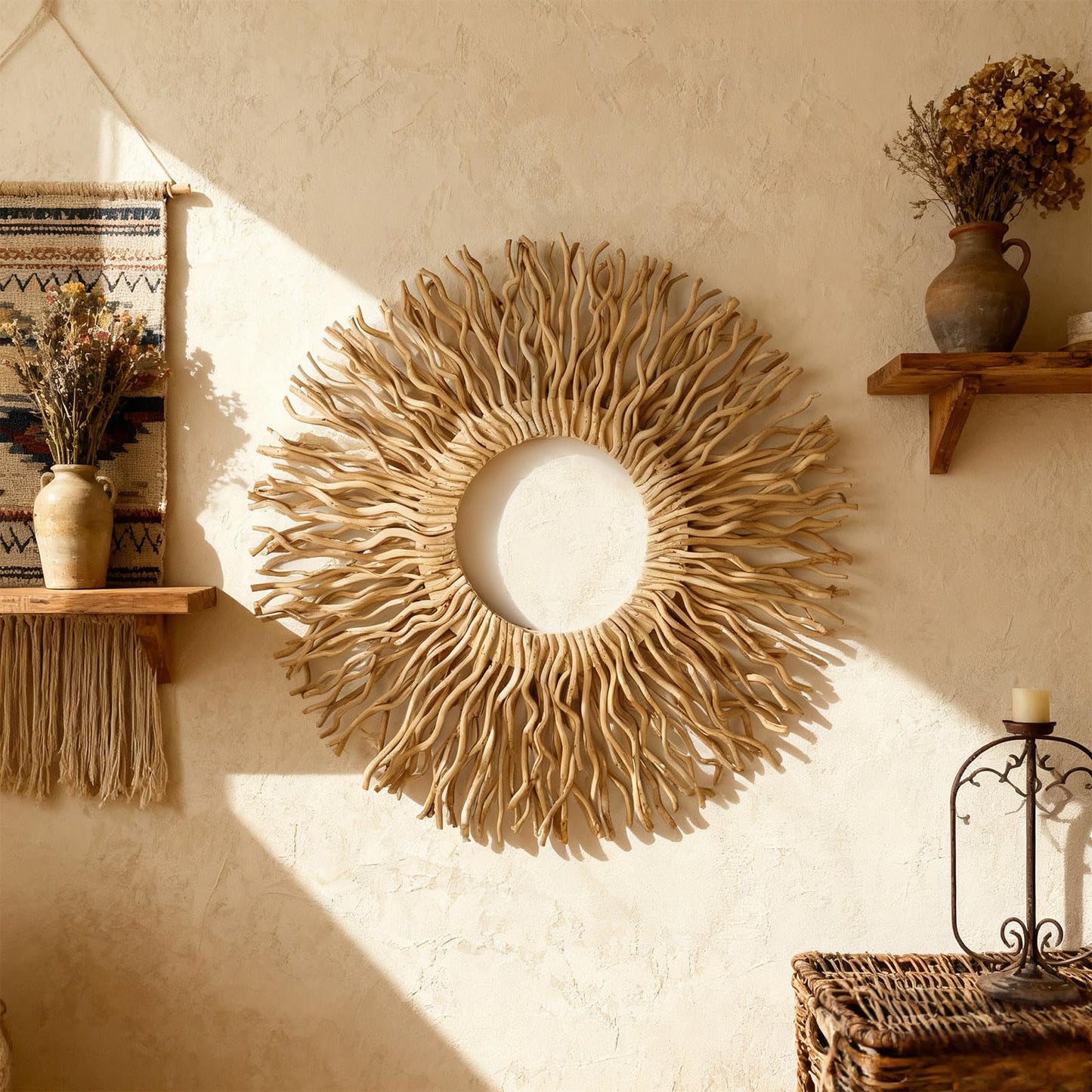 BDJBXK Large Boho Wall Art Decor – Unique Handmade Sunburst Mulberry Branch 27in Wall Art for Living Room, Bedroom, Office, Farmhouse & Home Décor