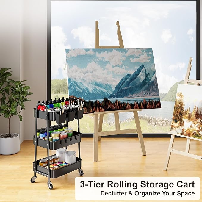 3 Tier Metal Rolling Cart with Lockable Wheels, Black Three Tiered Utility Storage Organizer Carts on Wheels for Bathroom, Kitchen, Laundry, Garage, Office, Craft, Art, Baby, Diaper Caddy, Snack, Book
