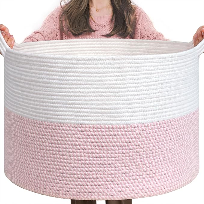 INDRESSME XXXLarge Storage Basket with Handle, Pink Laundry Basket for Nursery Stuffed Animal Storage, Baby Baskets Kids Toy Organizer, 21.7" x 21.7" x 13.8", Pink