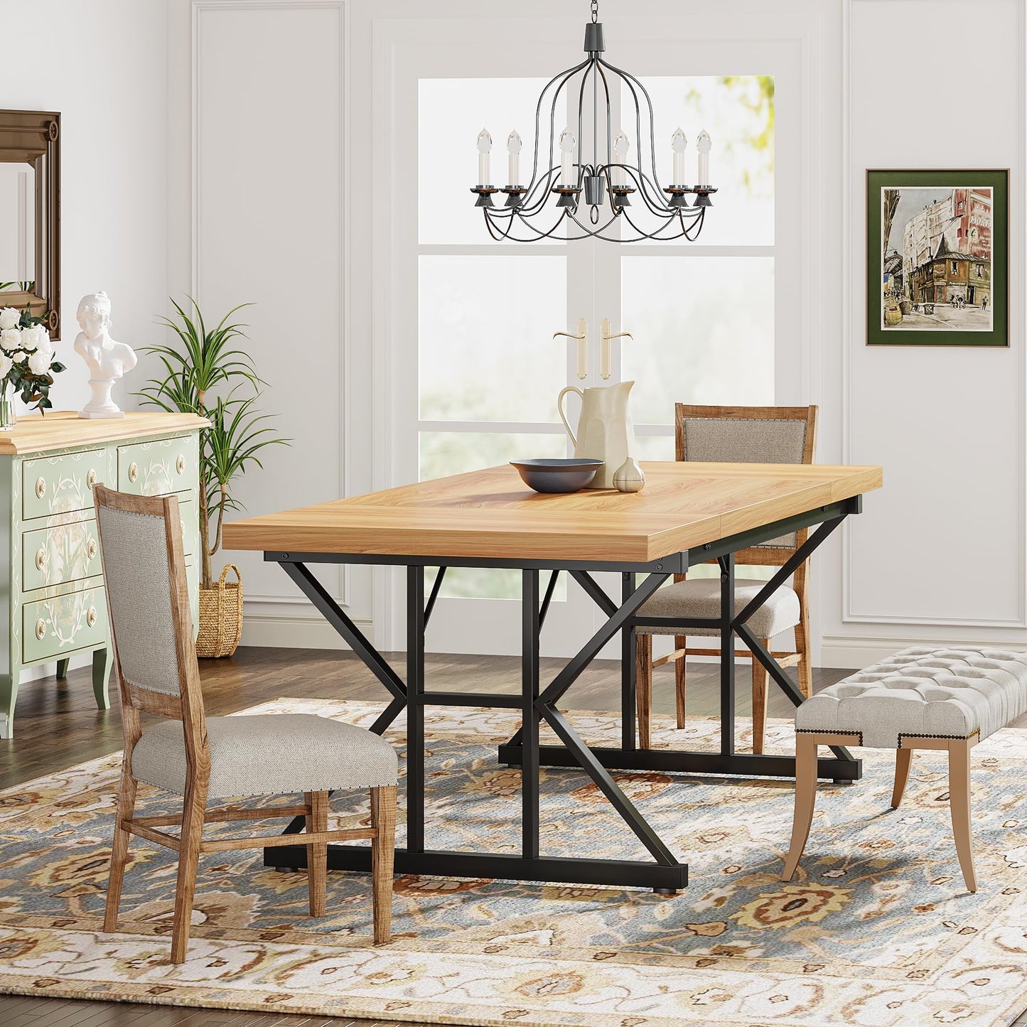 Tribesigns Farmhouse Dining Table for 6 People, 70.8-Inch Rectangular Wood Dining Table, Rustic Kitchen Table with Heavy Duty Metal Legs for Dining Room