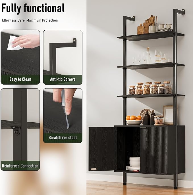 INNOD 74" Tall Bookshelf with Storage Cabinet, Modern Ladder Shelf with Wood and Metal Frame, Wall Mount Bookcase Open Display Shelf Furniture for Living Room, Bedroom, Home Office，Black
