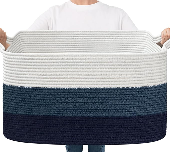 Goodpick Storaget Basket, 21.6" x 14.9" x 11.8", Toy Storage Baskets for Bedroom, Large Baskets for Organizing, Rectangle Woven Rope Basket for Blanket Storage, Blue