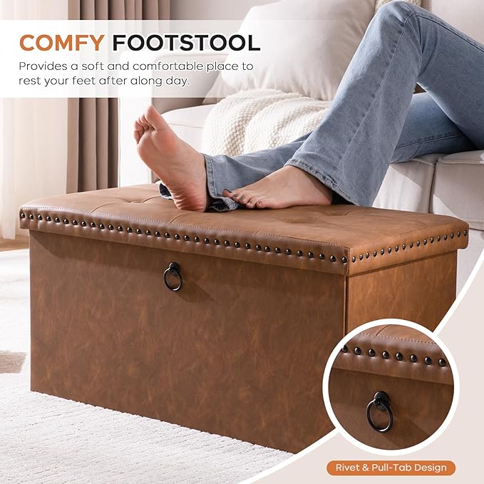 oakvivo 30 Inches Folding Storage Ottoman Bench, PU Leather Tufted End of Bed Bench, Foot Rest with Rivet Design, Ottoman with Storage, Load 330 lb, for Living Room, Bedroom, Entryway, Brown