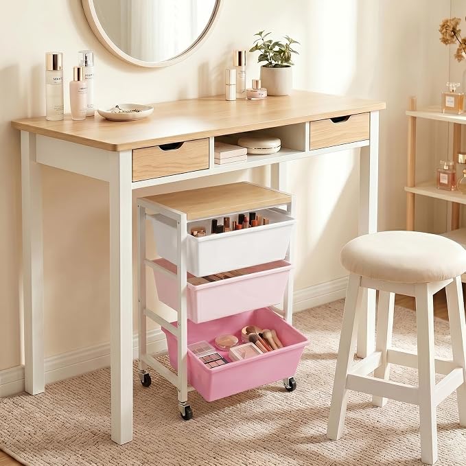 Rolling Cart with 3 Drawers, Plastic Drawer Storage Carts with Lockable Wheels & Wooden Tabletop, Metal Art Craft Utility Cart Organizer for Home Office Bedroom Dorm Bedside Classroom, Bright Pink