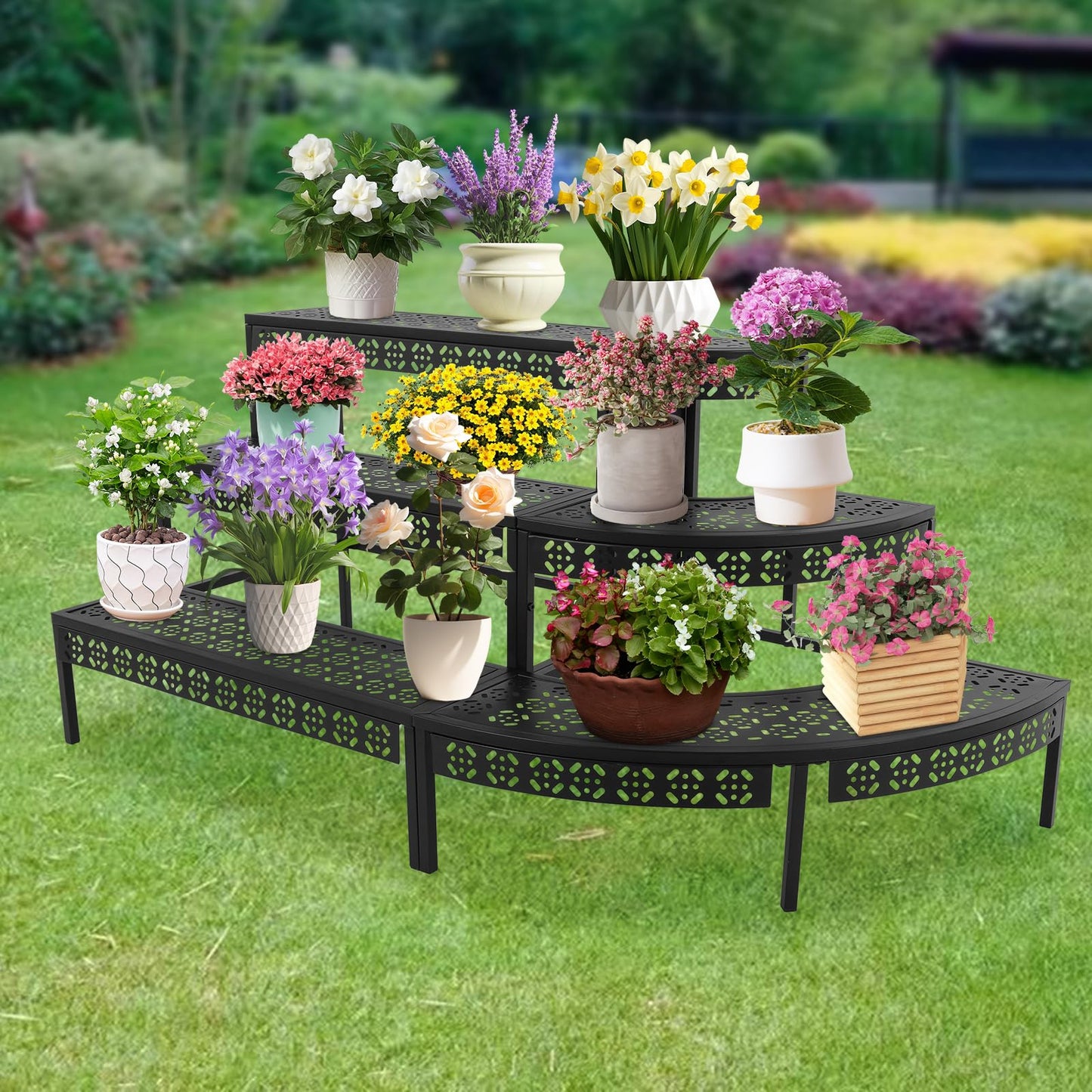 BAIODNB 3 Tier Plant Stand Semi-Circular Flower Pot Organizer Rack, Quarter Round Plant Display Holder Outdoor Storage Shelves, Metal Corner Shelf Planter Shelving Ladder Plant Stand for Indoor Use