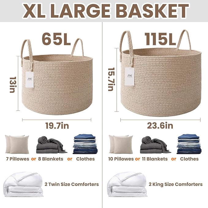 JMvicyroam 115L Extra Large Blanket Basket for Living Room - Woven Cotton Rope Laundry Hamper with Reinforced Handles - Storage Bin for Pillows, Comforters & Toys - Machine Washable,Oatmeal