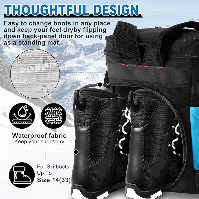 Ski Boot Bag, 65L Ski Boot Bag Backpack Large Ski Boot Travel Backpack Waterproof Ski Bag Ski Equipment Bag for Skis Snowboard & Accessories