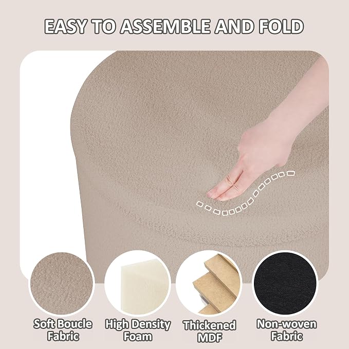 PINPLUS Round Ottoman with Stroage, Boucle Storage, Foot Stool Foldable Coffee Table Ottoman for Living Room, Bedroom, Dorm (Beige)