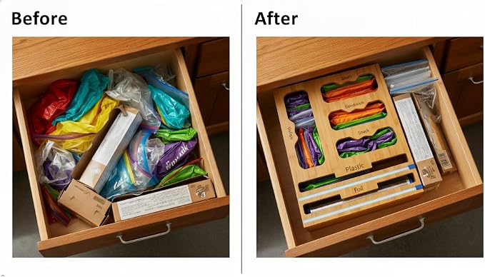 Storage Bag organizer, 6 in 1 Foil and Plastic Wrap Dispenser with Cutter, Bamboo Kitchen Drawer Organizer Food Bag Organizer for Gallon, Quart, Sandwich, Snack Bags (Natural)
