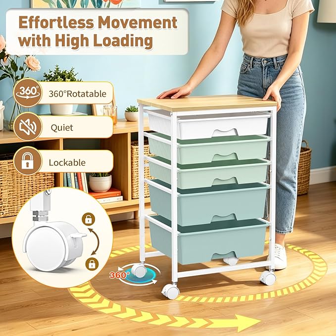 SUNALLY Rolling Carts With 5 Drawers, Storage Drawer Carts with Wooden Tabletop and 2 Lockable Wheels, Rolling Utility Cart for Craft Art Supply Storage & Home Office Organization, Green