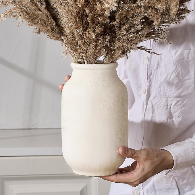 SIDUCAL Rustic Farmhouse Flower Vase | 9.5 Inch Large Ceramic Vase | Pampas Grass | Modern Farmhouse for Home Decor, Table, Living Room Decoration, Shelf Decor, Mantel, Fossil