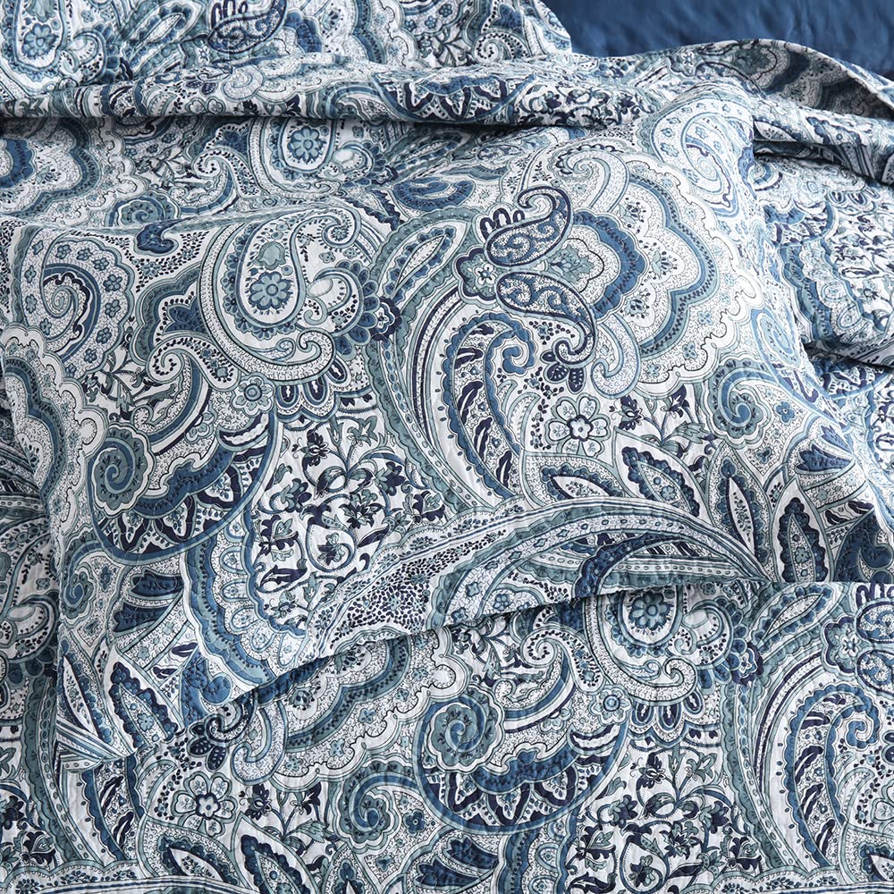 Autumn Dream Cotton Bedspread Quilt Sets, 3 Pieces Reversible Comforter Coverlet Sets,Blue Floral Paisley Bedspread,King Size