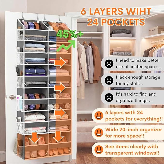2 Pack Over The Door Organizer 6 Tiers, Extra Large Behind Door Storage of 12 Compartments, 80 lbs Weight Capacity Hanging Storage Organizer with Clear Window Kids Toys,Shoes (6 Tiers - Grey)