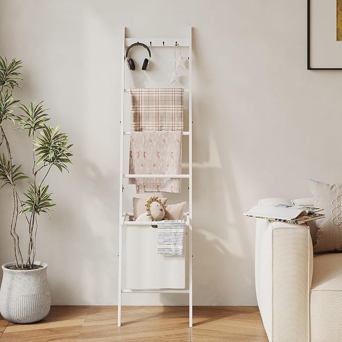 BAMBANG Bamboo Blanket Ladder with Basket, 5-Tier Quilt Rack Stand with 4 Hooks & Storage Hamper for Living Room Bathroom, Wall Leaning Decorative Ladder Shelf for Blankets Display (White)