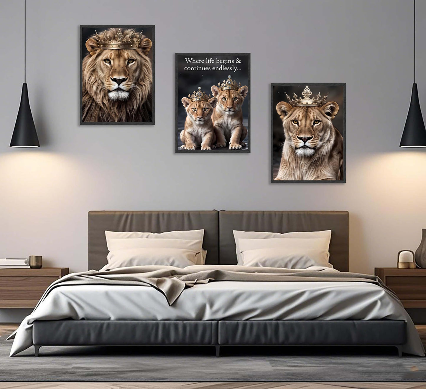 FJKLRP 3pcs Lion Family Canvas Wall Art The Lion King and Queen with Crown Prints Posters Modern Motivational Animal Wall Decor Paintings for Home Bedroom Living Room Office Decoration Unframed