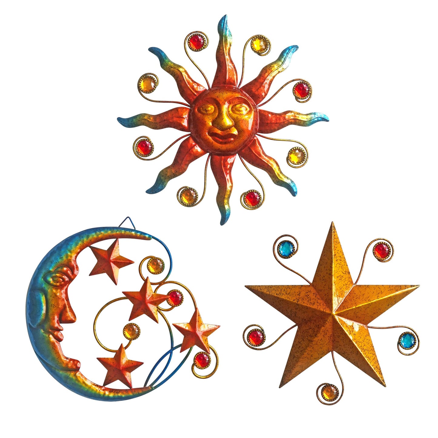 VividLadybug Celestial Wall Decoration Sculpture, Metal Wall Sculpture, Silhouette Wall Decoration, Metal Sun Moon Star Wall Art Sculpture Decoration, Set of 3