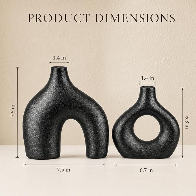Black Ceramic Flower Vase Home Decor Set of 2, Farmhouse Table Vases Rustic Vintage Living Room Kitchen Bedroom Decorations for House Book Shelf Office Coffee Desk Dining Fireplace