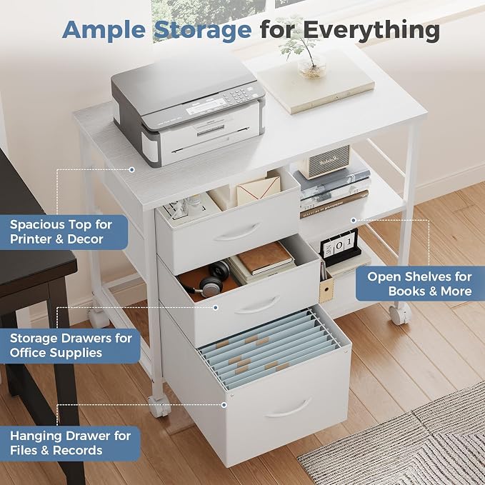 OLIXIS 3-Tier Printer Stand with Fabric Storage Drawer, Rolling Printer Cart with Lockable Wheels and Metal Frame, Under Desk Table with Open Storage Shelf for Small Spaces, Home, Office, White