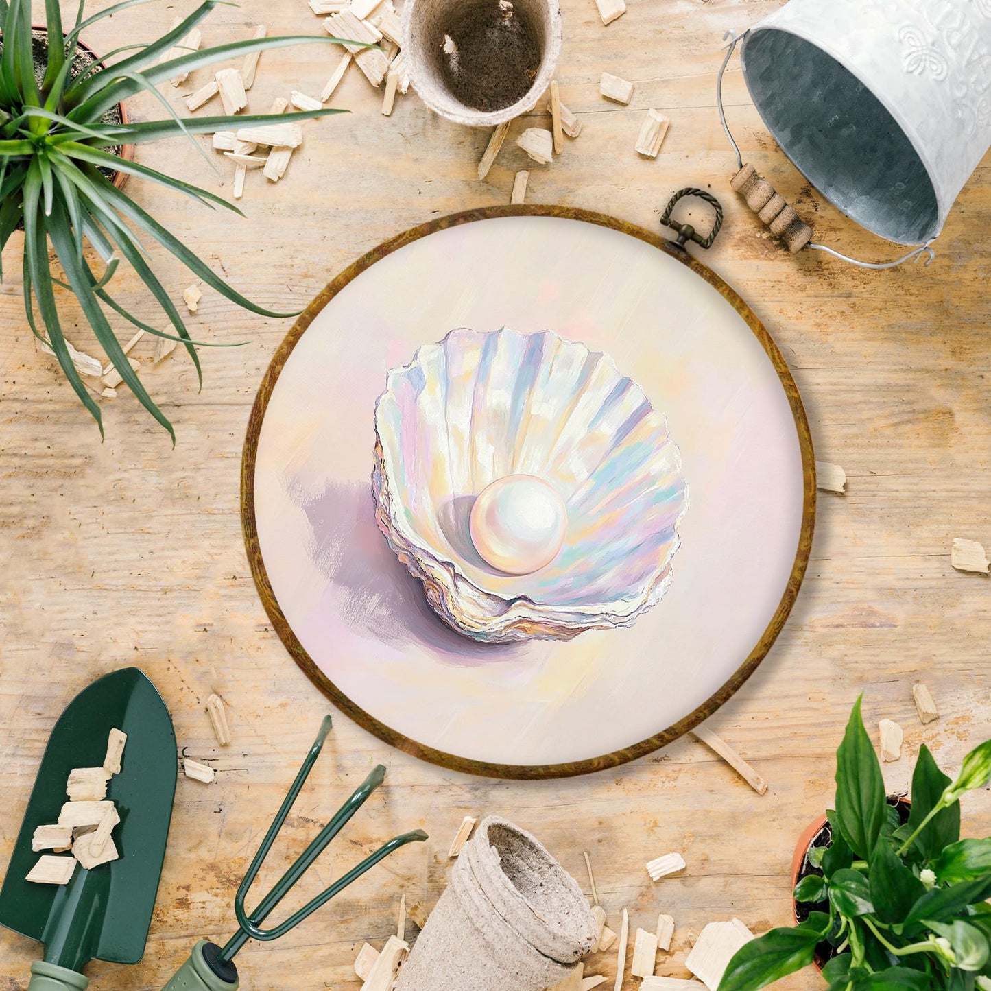 Hiuwevt Pastel Pearl in Shell Round Wall Art Decor, Coastal Beach Seashell Hanging Canvas Prints Artwork Framed, Ocean Beachy Conch Circular Wall Decor for Home Bedroom Living Room, 10x10 Inch