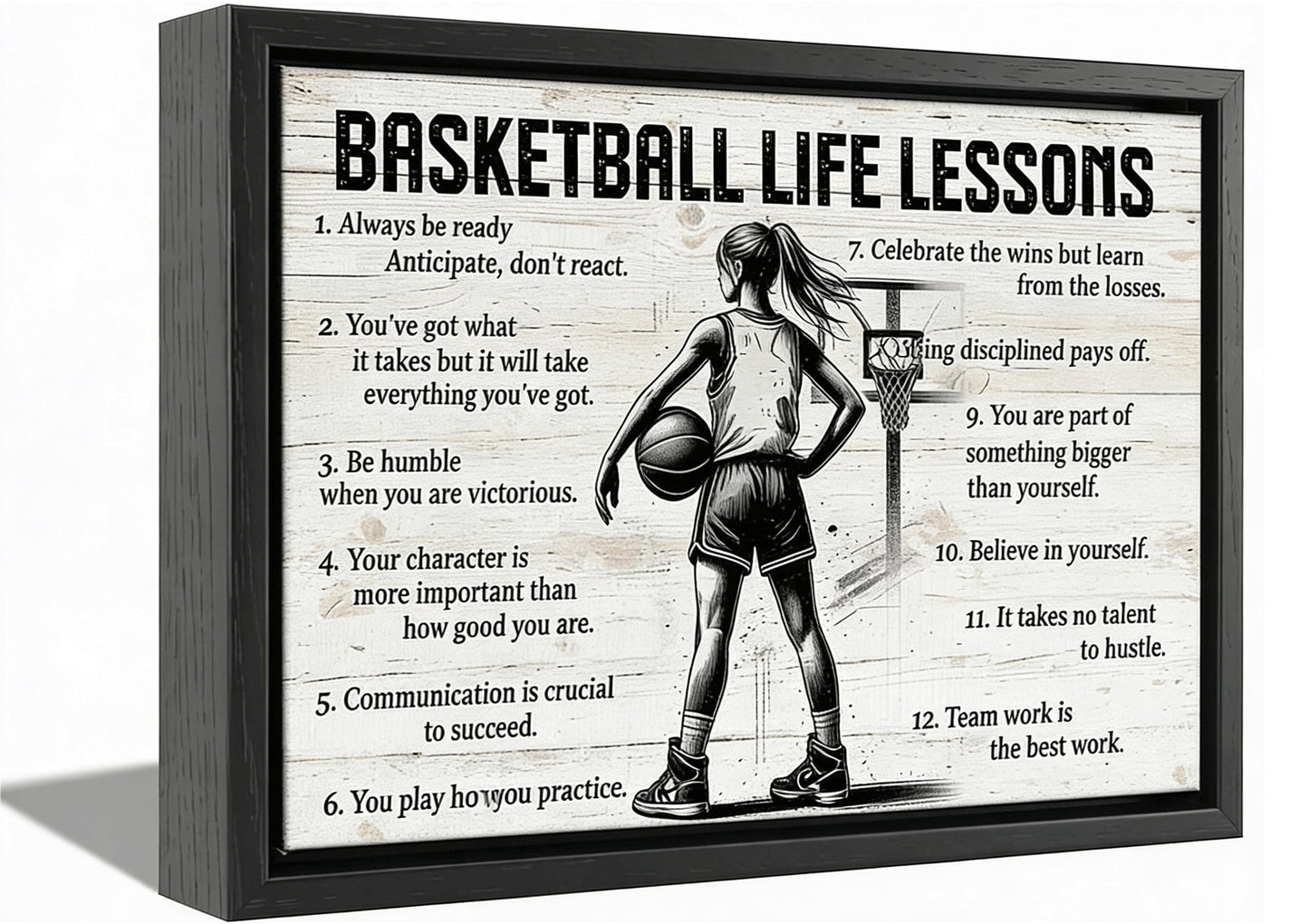Black Framed Girl Basketball Canvas Wall Art Inspirational Basketball Life Lessons Wall Decor Picture Motivational Girls Sports Poster Print for Teenage Girls Living Room Bedroom Home Decoration