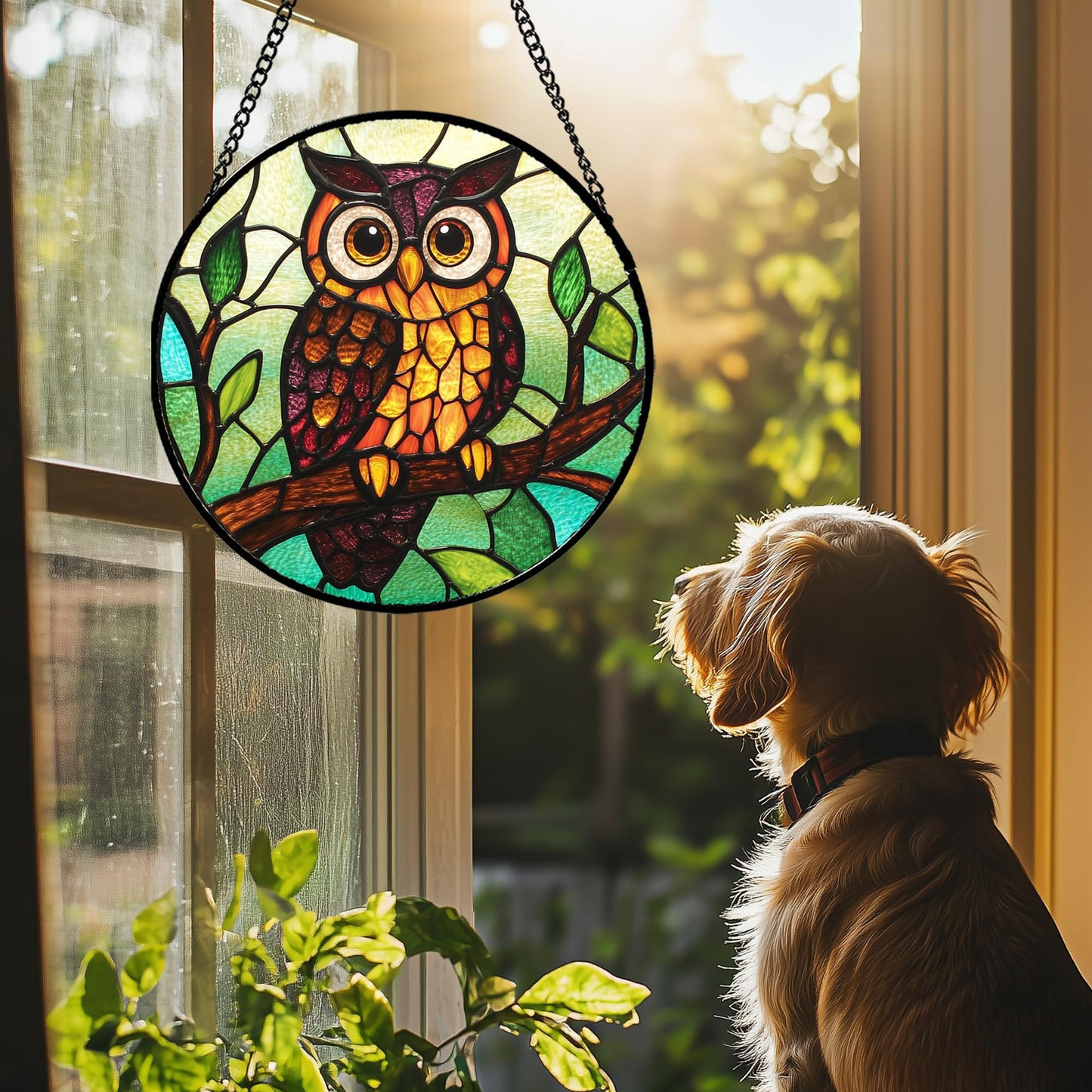 HWRHTR Stained Glass Window Hanging - Owl on a Branch Suncatcher for Doors Window Home Orange Brown Sun Catchers Decor Christmas Mother's Day Birthday Gifts for Teacher Women Men Mom Nana 7.8 in