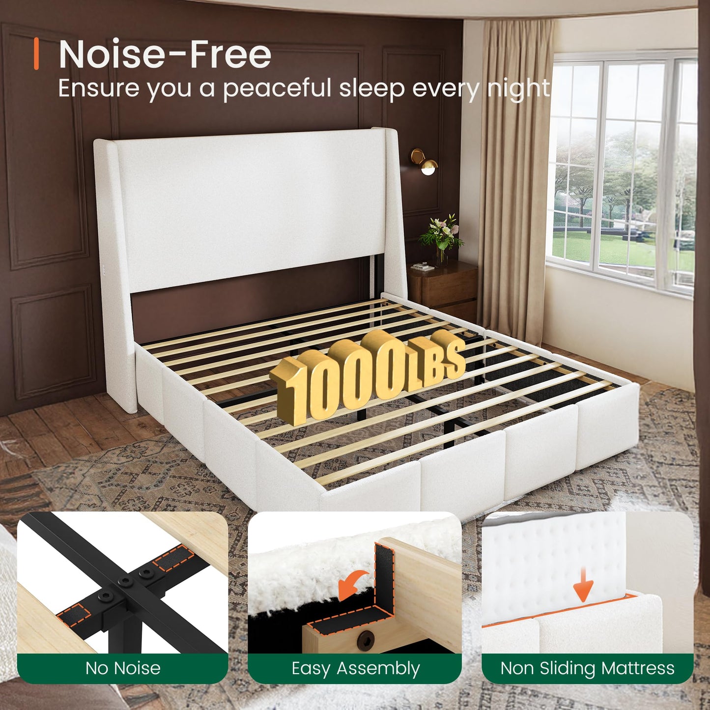 LARMACE King Size Bed Frame 54.2" Extra Tall Wingback Headboard, Lambswool Upholstered Platform Bed Frame with Legs Featuring Built-in Charging Ports, Wood Slats, No Box Spring Needed, White