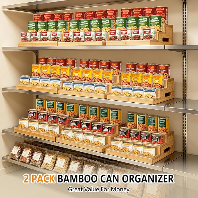 2 Pack Bamboo Expandable Can Rack Organizer for Pantry, Stackable 3 Tier Canned Food Organizers and Storage, Kitchen Cabinet, Food Can Holders Dispensers for Pantry Up To 48 Cans