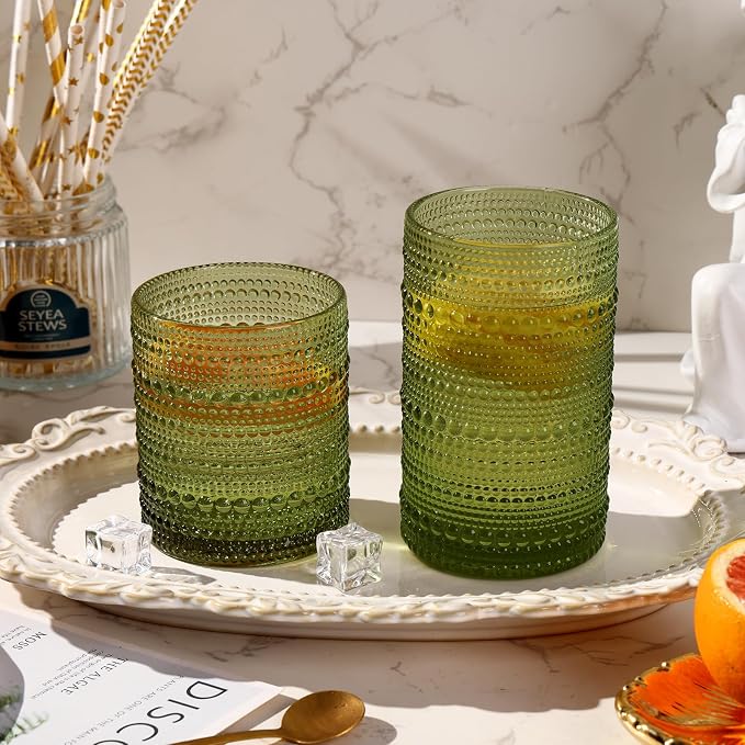Moretoes Hobnail Drinking Glasses, 12 Piece Green Water Glass Cups, Mixed Vintage Glassware Set, 6pcs 12oz Highballs and 6pcs 10oz Old Fashioned Glasses, Great for Cocktail, Whisky and Other Beverages