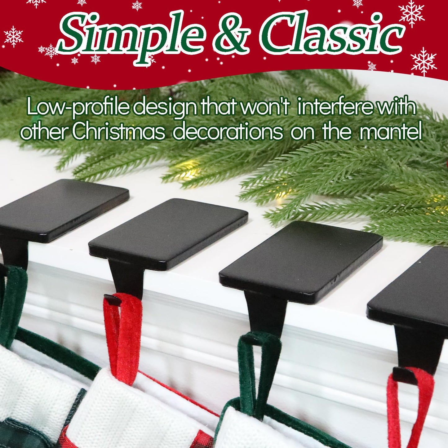 HMASYO Christmas Stocking Holders for Mantle Set of 2, Black Heavy Duty Iron Stocking Hangers Base, Low Profile Weighted Stocking Holder Hooks for Fireplace Tabletop Shelf Christmas Decoration