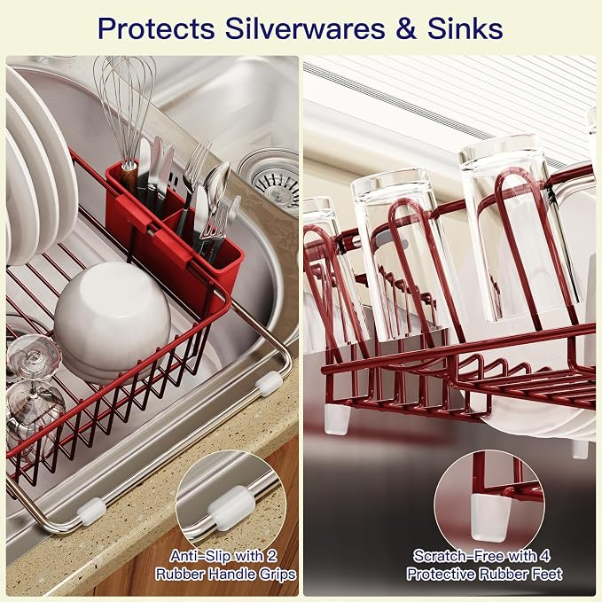MAJALiS Red Dish Drying Rack Over Sink with Utensil Holder, Drainboard | Expandable Stainless Steel Dish Drainer for Small Kitchen, Apartment, RV, Counter Space Saving, Perfect Fit, Rustproof