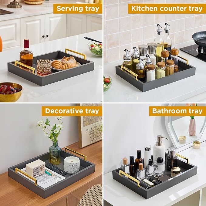 40cm x30cm Serving Trays with Handles, Grey Decorative Serving Tray, Ottoman Trays, Living Room, Bathroom, and Outdoors Decorative Trays (Charcoal)