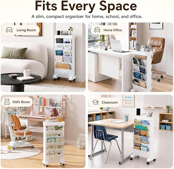 6-Tier Bookshelf, Book Storage Organization with Wheels Mobile Rolling Bookshelves Cart for Home Office Kids’ Study Room School, White
