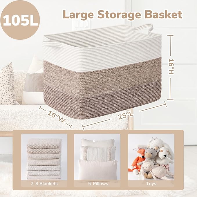 Goodpick 105L Woven Blanket Basket 25" x 16" x 16" Cotton Rope Storage Bins for Dirty Clothes, Extra Large Gift Basket for Living Room Home Decor, Toy Storage Baskets for Kids, Gradient Brown