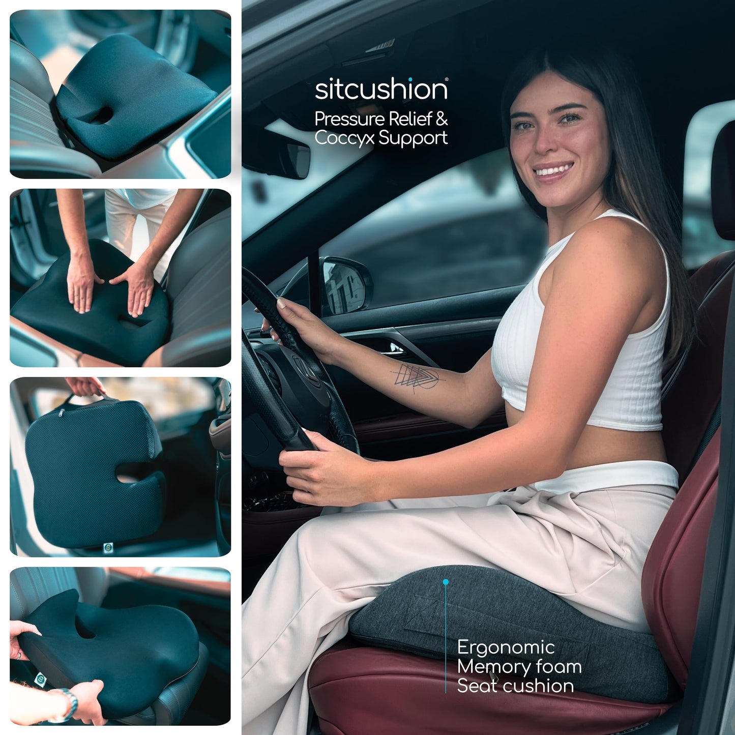 SitCushion Car Seat Cushion for Long Driving – X Large Memory Foam Seat Cushion for Sciatica & Tailbone Pain Relief, Orthopedic Coccyx Cushion with Non-Slip Bottom, Back Pillow for Car, Truck (Black)