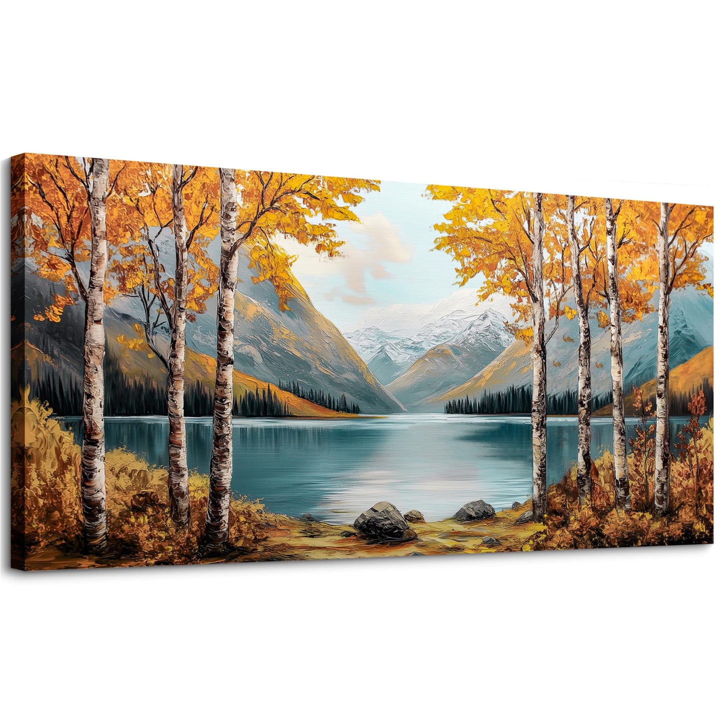 SLYCAY Large Landscape Wall Art Prints, Goden Birch Tree Forest Canvas Painting Pictures, Nature Lake Mountain Wall Farmhouse Decor, Modern Artwork Living Room Bedroom Bathroom Office 20"X40"