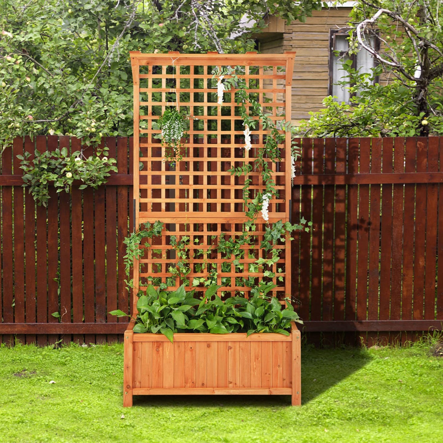 HAPPYGRILL 2 Pcs Raised Garden Bed, 72.5" Garden Planter with Trellis, Drainage Holes, Freestanding Garden Planter for Vine Climbing Plants, Wooden Planter Box for Yard Balcony