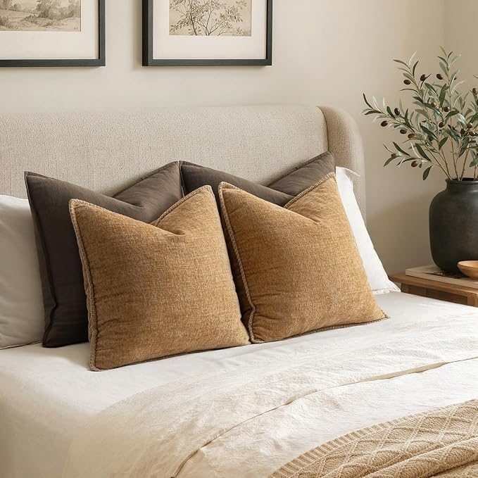 MIULEE Pack of 2 Couch Throw Pillow Covers 20x20 Inch Apricot Brown Farmhouse Decorative Pillow Covers with Stitched Edge Soft Chenille Solid Dyed Spring Pillow Covers for Sofa Bed Living Room