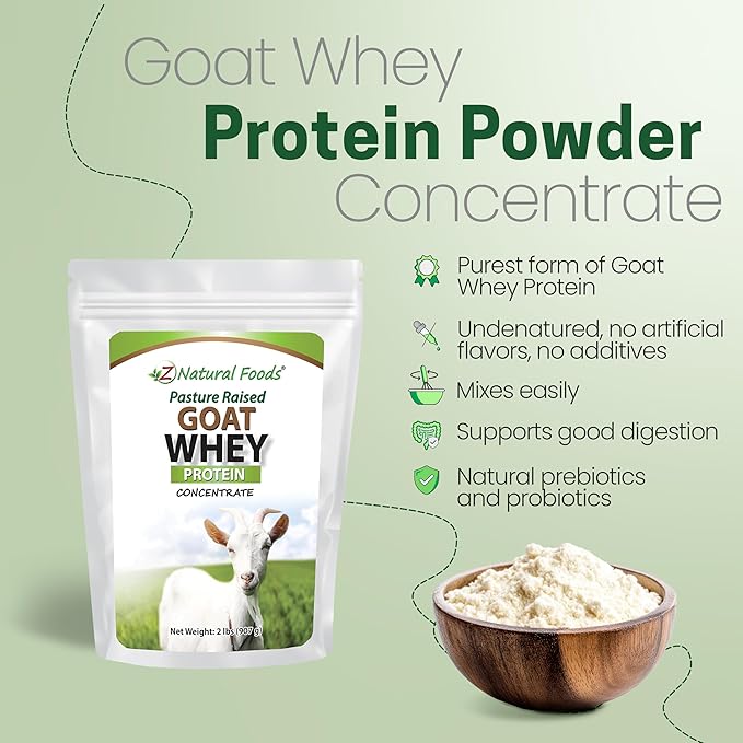 Z Natural Foods Goat Whey Protein Powder Concentrate - Undenatured, Unflavored, Pasture Raised Whey - Clean Goat Protein Powder with Vital Proteins for Weight Management, Immune Support, Fitness, 2 lb