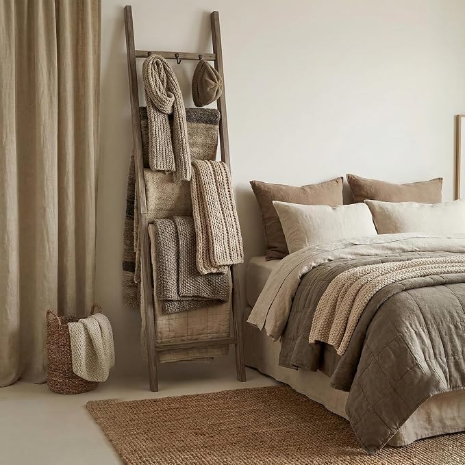 Wooden Blanket Ladder - Natural & Motley Wood - Leaning Wall Decor for Bedroom, Bathroom, Living Room - Rustic Quilt Holder & Towel Rack (Burnt Brown, 76in（6-Tier）)