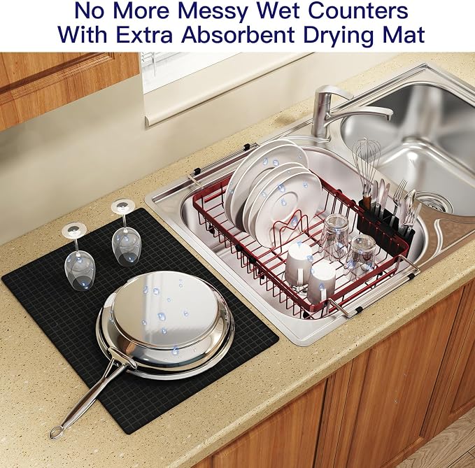 MAJALiS Red Dish Drying Rack Over The Sink with Utensil Holder, Mat | Expandable Stainless Steel Dish Drainer for Small Kitchen, Apartment, RV, Counter Space Saving, Perfect Fit, Rustproof