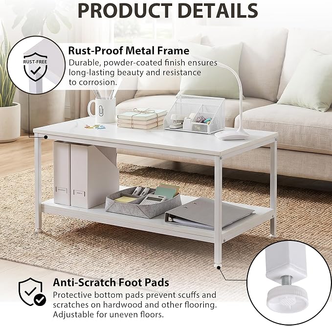 SUPER DEAL 2-Tier Industrial Coffee Table with Storage Shelf for Small Apartment Living Room, Rectangle Wood and Stable Metal TV Stand Side End Table, White Marble